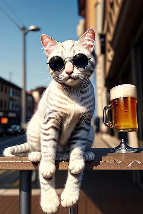 Capture a full hyper-realistic photograph of an adorable white kitten sitting on a bar, beer, wearing sunglasses, cutest in civitai, chubby cat, close up,