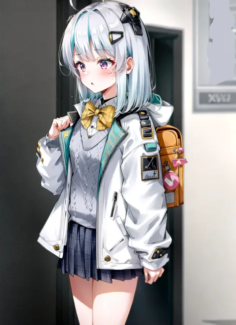1girl, masterpiece, best quality, <lora:Admi2-08:0.8>, nikkeadmi, standing, solo, pleated skirt, jacket, plaid, hair ornament, bowtie, sweater vest, blush, white jacket, grey sweater, yellow bowtie, small breasts, backpack, white socks, long sleeves,