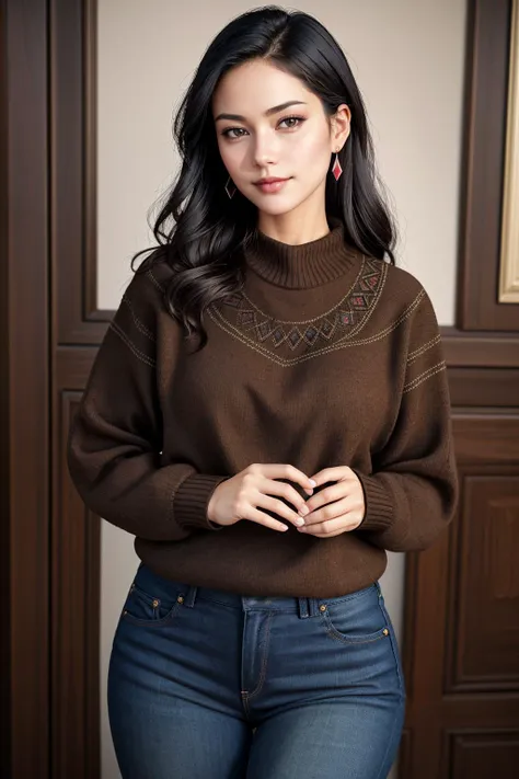 ((Masterpiece, best quality,edgQuality)), smug,smirk,standing,posing for a picture
edgPO, a woman wearing a brown sweater and jeans,autumn pattern ,wearing edgPO pullover,
 <lora:edgPullovers:1>