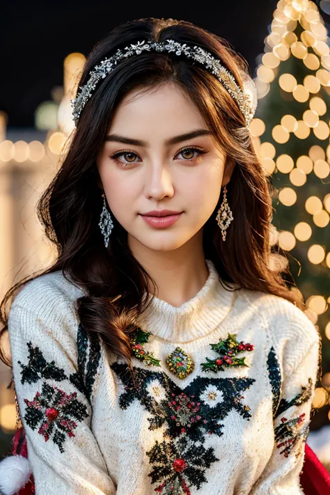 Chinese model DV_Chen_Vicious (wearing edgPO pullover, edgPO, christmas themed sweater), <lora:edgPullovers:1>, (close up, portrait), 35mm, F/2.8 ((Photo Focus, DOF, Aperture, insanely detailed and intricate, character, hypermaximalist, elegant, ornate, beautiful, exotic, revealing, appealing, attractive, amative, hyper realistic, super detailed, heresy flares)) (smiling at viewer), (sharpness:1.3)(details:1.3), in the garden, christmas backdrop, winter scenery, christmas decorations, snowy backdrop