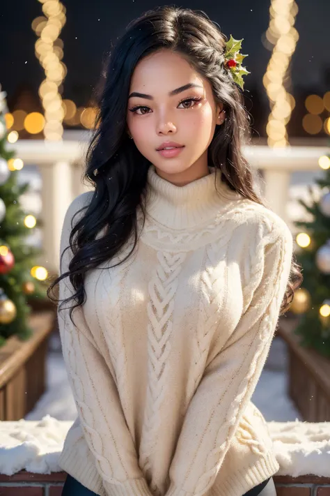 (RAW 8k photo) of DEN_valentinaomi_SG, (wearing edgPO pullover, edgPO, christmas themed sweater), <lora:edgPullovers:1>, (wearing leggings), (RAW photo, best quality), (realistic, photo-realistic:1.4), masterpiece, (cowboy shot), an extremely delicate and beautiful, extremely detailed, 2k wallpaper, Amazing, finely detail, extremely detailed CG unity 8k wallpaper, ultra-detailed, highres, soft light, mascara, makeup, beautiful detailed woman, smiling, perfect anatomy, long hair, extremely detailed eyes and face, beautiful detailed nose, beautiful detailed eyes, cinematic lighting, in the garden, christmas backdrop, winter scenery, christmas decorations, snowy backdrop