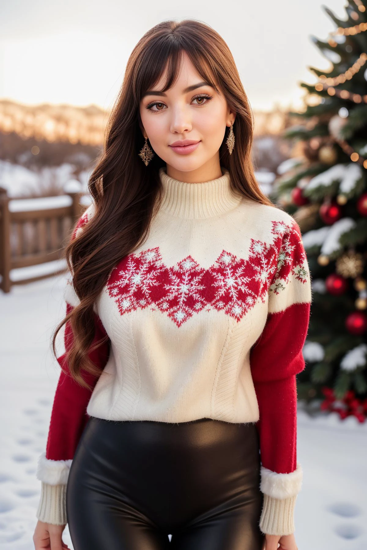 S261_AlinaGorohova, (wearing edgPO pullover, edgPO, christmas themed sweater), <lora:edgPullovers:1>, (wearing leggings), 35mm, F/2.8 ((Photo Focus, DOF, Aperture, insanely detailed and intricate, character, hypermaximalist, elegant, ornate, beautiful, exotic, revealing, appealing, attractive, amative, hyper realistic, super detailed, heresy flares)) (smiling at viewer), (sharpness:1.3)(details:1.3), in the garden, christmas backdrop, winter scenery, christmas decorations, snowy backdrop