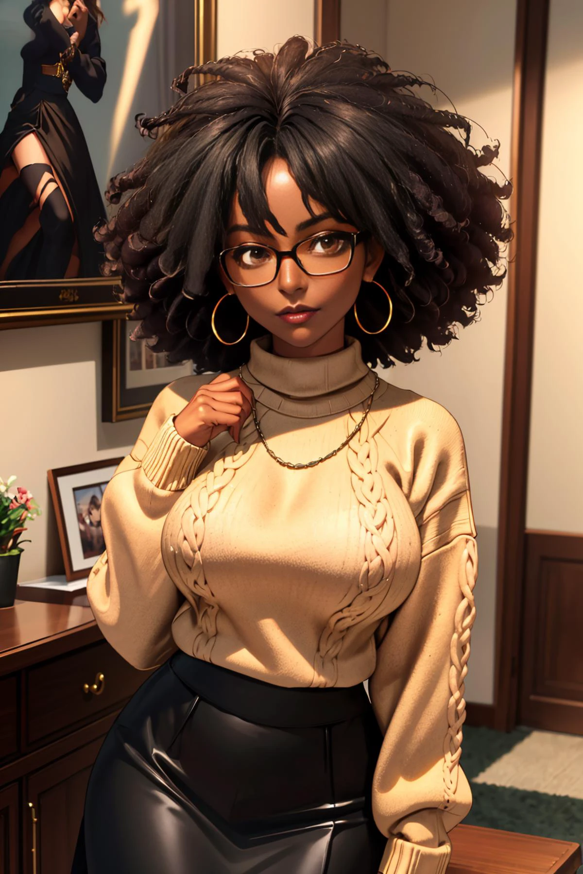 1woman,(afro:1.2),dark-skinned female, dark skin, glasses,full body, huge breasts, ,wide hips, <lora:edgPullovers:0.8> edgPO, wearing edgPO pullover, beige sweater,long black skirt, (masterpiece, best quality)