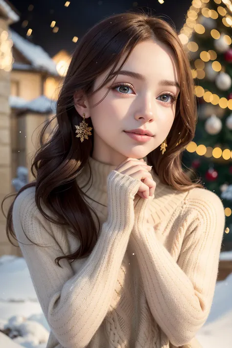 (RAW 8k photo) of r3natavall, (wearing edgPO pullover, edgPO, christmas themed sweater), <lora:edgPullovers:1>, (wearing leggings), (RAW photo, best quality), (realistic, photo-realistic:1.4), masterpiece, (cowboy shot), an extremely delicate and beautiful, extremely detailed, 2k wallpaper, Amazing, finely detail, extremely detailed CG unity 8k wallpaper, ultra-detailed, highres, soft light, mascara, makeup, beautiful detailed woman, smiling, perfect anatomy, long hair, extremely detailed eyes and face, beautiful detailed nose, beautiful detailed eyes, cinematic lighting, in the garden, christmas backdrop, winter scenery, christmas decorations, snowy backdrop