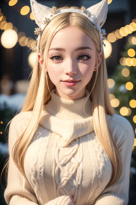 (RAW 8k photo) of DEN_alice_delish, (wearing edgPO pullover, edgPO, christmas themed sweater), <lora:edgPullovers:1>, (RAW photo, best quality), (realistic, photo-realistic:1.4), masterpiece, an extremely delicate and beautiful, extremely detailed, 2k wallpaper, Amazing, finely detail, extremely detailed CG unity 8k wallpaper, ultra-detailed, highres, soft light, mascara, makeup, beautiful detailed woman, smiling, perfect anatomy, long hair, extremely detailed eyes and face, beautiful detailed nose, beautiful detailed eyes, cinematic lighting, in the garden, christmas backdrop, winter scenery, christmas decorations, snowy backdrop