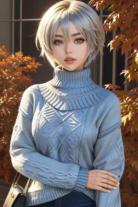 2b wearing edgPO sweater, blue sweater, autumn pattern, rim lighting <lora:edgPullovers:0.9>