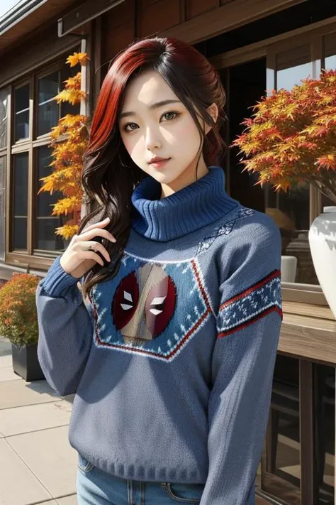 deadpool wearing edgPO sweater, blue sweater, autumn pattern, rim lighting <lora:edgPullovers:0.9>