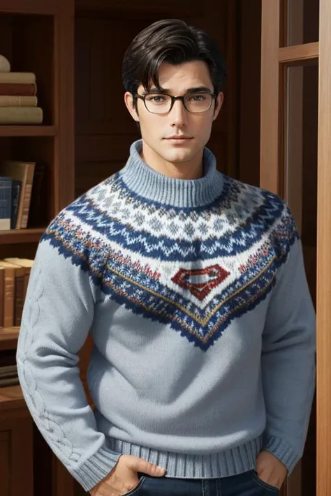 clark kent wearing edgPO sweater, blue sweater, autumn pattern, rim lighting  <lora:edgPullovers:1.1>