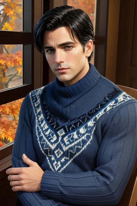 bruce wayne wearing edgPO sweater, blue sweater, autumn pattern, rim lighting <lora:edgPullovers:1>