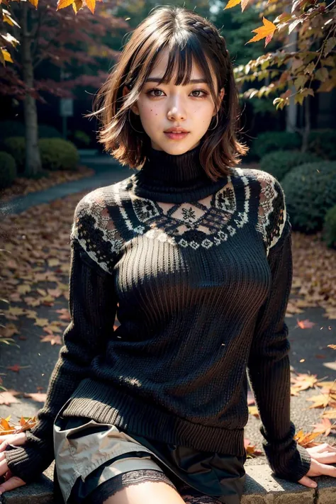 (realistic:1.3), finely detailed, quality, rembrandt lighting, (masterpiece:1.2), (photorealistic:1.2), (best quality), (detailed skin:1.3), (intricate details), dramatic, ray tracing, 1girl, japanese girl, 21 years old, detailed skin texture, (blush:0.5), (goosebumps:0.5), subsurface scattering, smiling, medium breasts, short hair curls, bangs, hair between eyes, edgPO, turtleneck, (black lace sweater:1.2), skirt, wearing edgPO pullover, (outdoors, autumn setting, autumn leaves), <lora:edgPullovers:1>