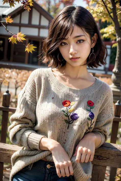 (realistic:1.3), finely detailed, quality, rembrandt lighting, (masterpiece:1.2), (photorealistic:1.2), (best quality), (detailed skin:1.3), (intricate details), dramatic, ray tracing, 1girl, japanese girl, 21 years old, detailed skin texture, (blush:0.5), (goosebumps:0.5), subsurface scattering, smiling, medium breasts, short hair curls, bangs, hair between eyes, edgPO, sweater, (multicolored embroidery:1.2), jeans, wearing edgPO pullover, (outdoors, autumn setting, autumn leaves), <lora:edgPullovers:1>