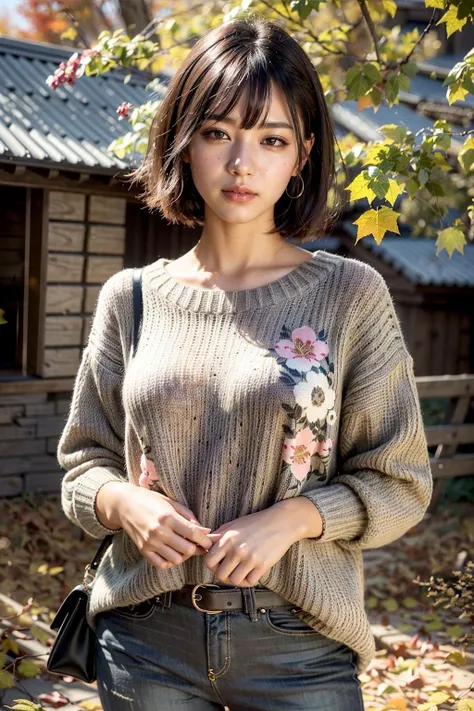(realistic:1.3), finely detailed, quality, rembrandt lighting, (masterpiece:1.2), (photorealistic:1.2), (best quality), (detailed skin:1.3), (intricate details), dramatic, ray tracing, 1girl, japanese girl, 21 years old, detailed skin texture, (blush:0.5), (goosebumps:0.5), subsurface scattering, smiling, medium breasts, short hair curls, bangs, hair between eyes, edgPO, (a woman wearing a grey sweater with a floral design
:1.2), jeans, wearing edgPO pullover, (outdoors, autumn setting, autumn leaves), <lora:edgPullovers:1>