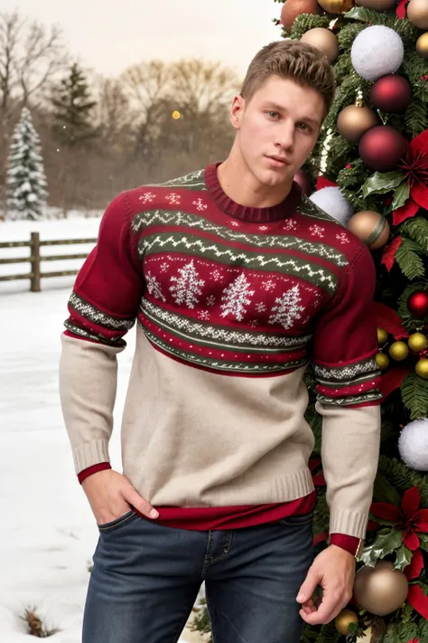 kyle_hynick <lora:kyle_hynick-05-prodigy:0.75> wearing a fitted sweater with a christmas pattern <lora:edgPullovers:0.8> edgPO