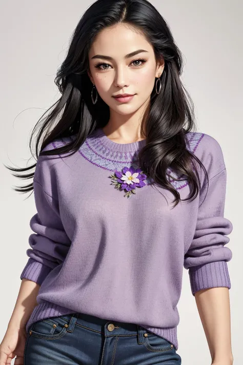 ((Masterpiece, best quality,edgQuality)), smug,smirk,standing,posing for a picture
edgPO, a woman wearing a purple sweater and jeans,flower pattern ,wearing edgPO pullover,simple background,white background
<lora:edgPullovers:1>