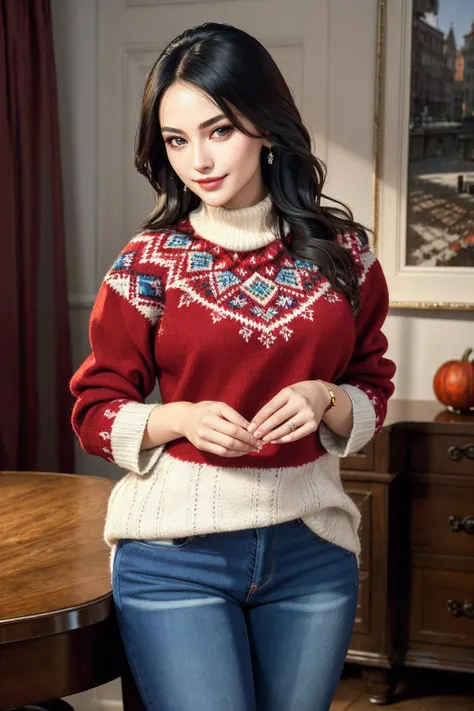 ((Masterpiece, best quality,edgQuality)), smug,smirk,standing,posing for a picture
edgPO, a woman wearing a red sweater and jeans,autumn pattern ,wearing edgPO pullover,
beautiful dark haired mod_woman
<lora:edgPullovers:1> <lora:mod1:0.5>