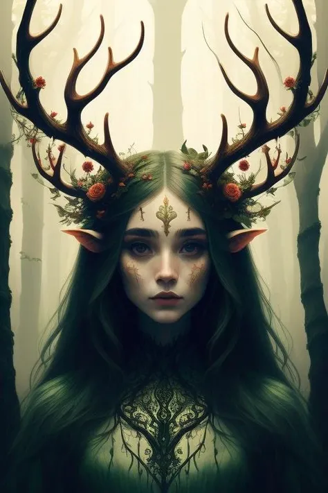 A beautiful witch with a deer surrounded by forest, in the style of surrealistic portraits, dark turquoise and light red, life-like illustrations, elaborate costumes, ethereal illustrations, queencore, golden age illustrations, in the style of Maurice Sendak and Oddworld’s Oddworld --auto --s2