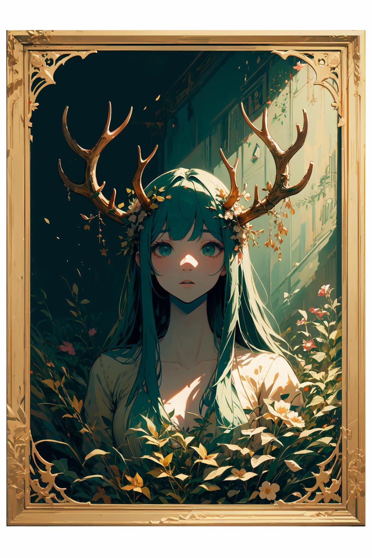 (extremely detailed CG unity 8k wallpaper),(ultra-detailed), (best illustration),(best shadow), (an extremely delicate and beautiful), (glowing background:1.25),(best art,gold ratio,:1.5),(etching:1.458),
(dark gold line,black theme,deep green theme,:1.3)
1girl,goddess,
,high-res,highest details,Close-up of the eyes,
, masterpiece, best quality, wide-angle Hyperdetailed, masterpiece, natural lighting, soft lighting, sunlight, HDR (High Dynamic Range), Maximum Clarity And Sharpness, Multi-Layered Textures, <lora:blooming_antlers:0.8> blooming antlers