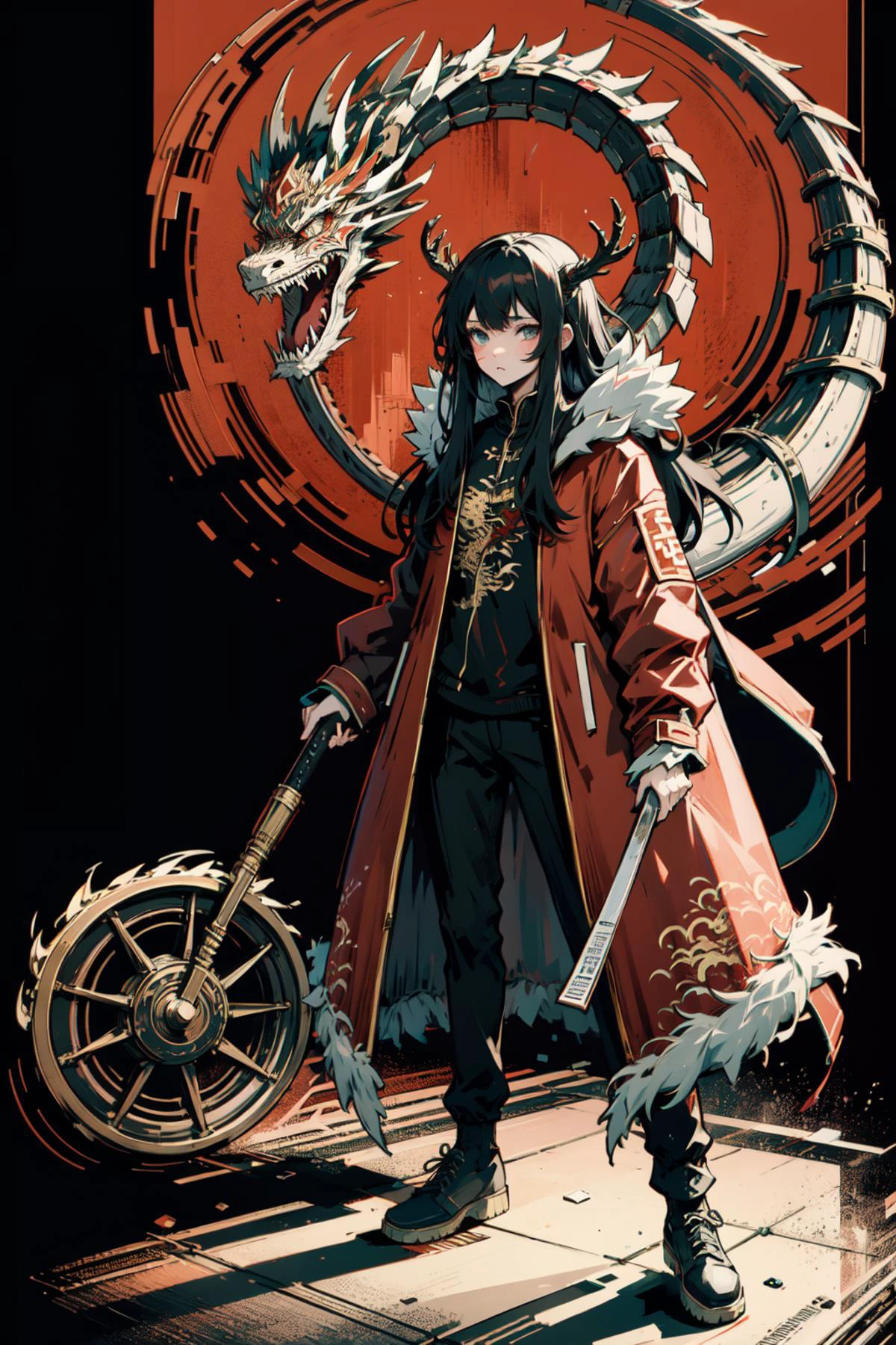 ultra high res, <lora:xiao-10:0.45>( xiao, 1girl, solo, long hair, black hair,coat,dark dragon tail,sparse black scales,holding a heavy long handle dao:1.4), <lora:blooming_antlers:0.8> deep dark antlers, <lora:SlitPupils:0.8> IncrsSlitPupil,yellow slit pupils eyes,
(extremely detailed CG unity 16k wallpaper,chinese dragon theme:1.5),
(nonrepresentational art,vivid color,visual kei,very rough strip:1.3),
style of decadent illustrations,meiji art,
pixelated chaos,lith printing,