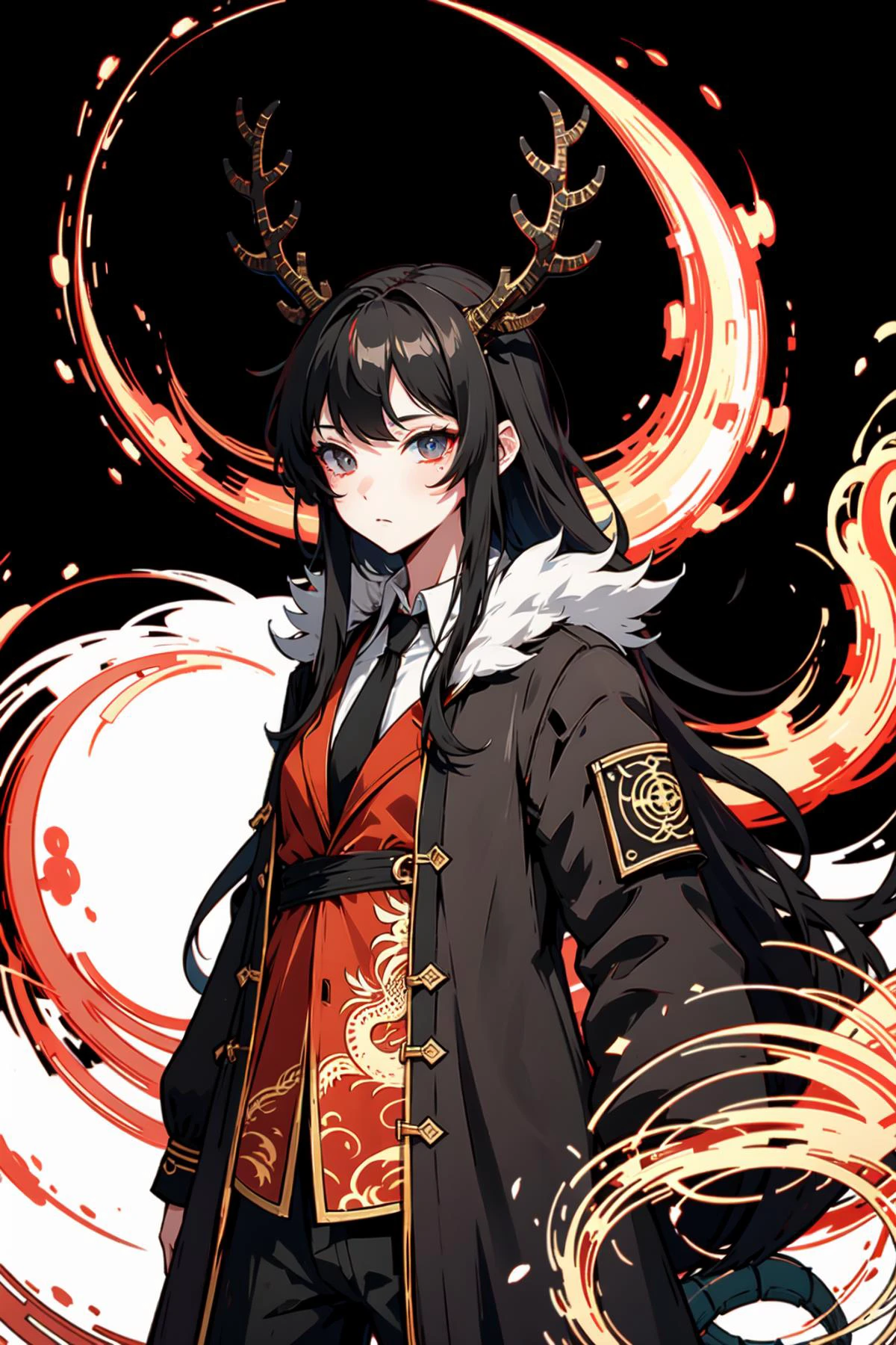 (extremely detailed CG unity 16k wallpaper,chinese dragon theme:1.5),
(nonrepresentational art,vivid color,visual kei,very rough strip:1.3),
style of decadent illustrations,meiji art,
pixelated chaos,lith printing,
ultra high res, <lora:xiao-10:0.45>( xiao, 1girl, solo, long hair, black hair,coat,dark dragon tail,sparse black scales,:1.4), <lora:blooming_antlers:0.8> deep dark antlers, <lora:SlitPupils:0.8> IncrsSlitPupil,yellow slit pupils eyes,