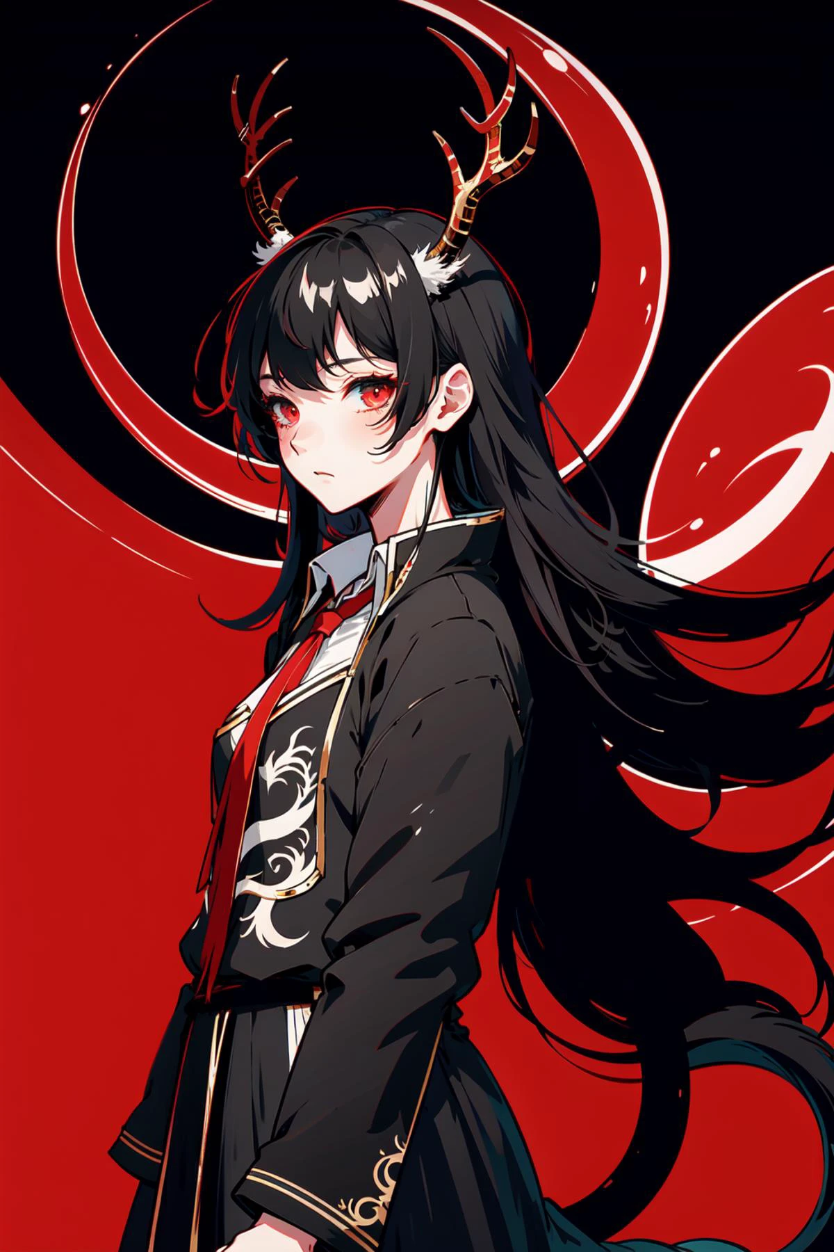 (extremely detailed CG unity 16k wallpaper,chinese dragon theme:1.3),
(nonrepresentational art,vivid color,visual kei,very rough strip:1.3),
style of decadent illustrations,meiji art,
lith printing,
ultra high res, <lora:xiao-10:0.45>( xiao, 1girl, solo, long hair, black hair,coat,dark dragon tail,sparse black scales,cat eyes,:1.3), <lora:blooming_antlers:0.8> deep dark antlers,
