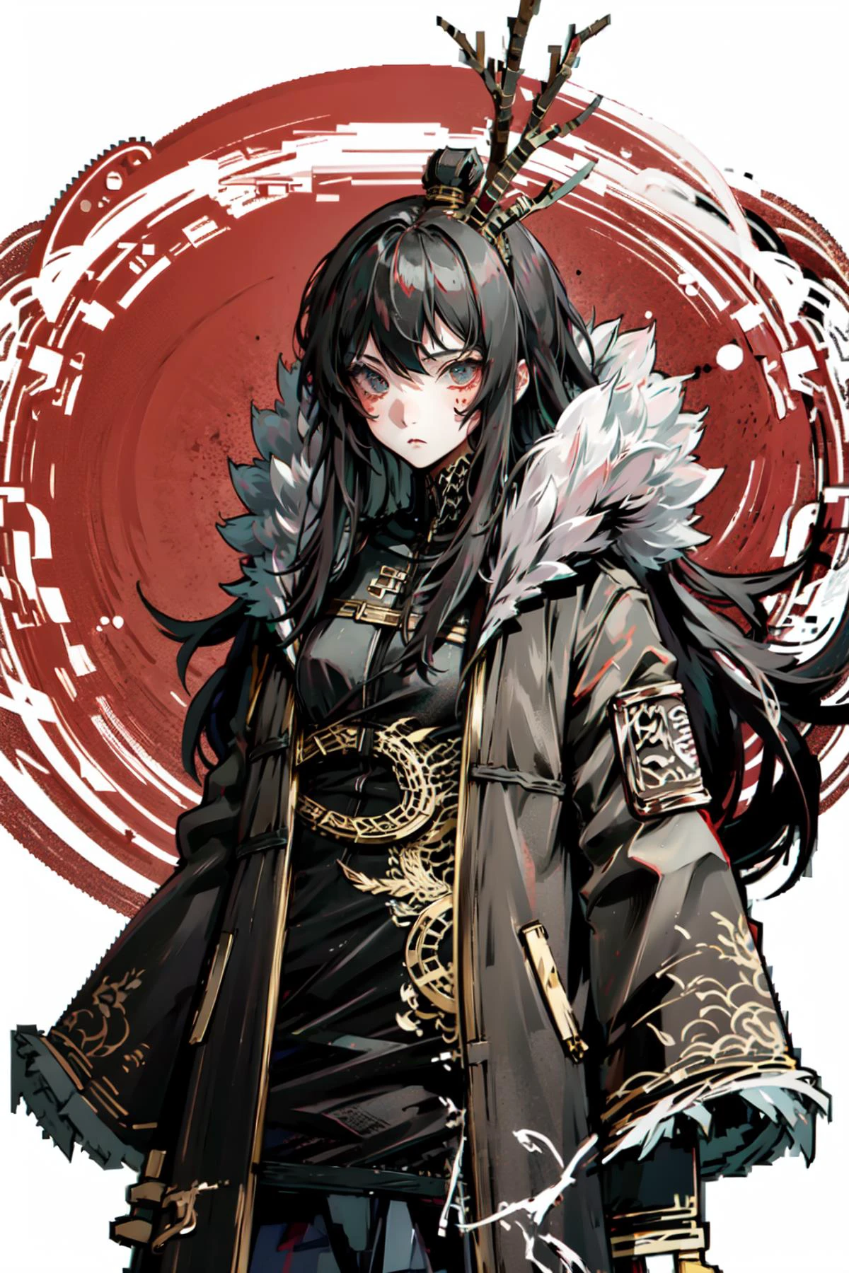 (extremely detailed CG unity 16k wallpaper,chinese dragon theme:1.5),
ultra high res, <lora:xiao-10:0.75>( xiao, 1girl, solo, long hair, black hair,coat,dark dragon tail,sparse black scales,holding a heavy long handle dao:1.4), <lora:blooming_antlers:0.8> deep dark antlers, <lora:SlitPupils:0.8> IncrsSlitPupil,yellow slit pupils eyes,
(nonrepresentational art,vivid color,visual kei,very rough strip:1.3),
style of decadent illustrations,meiji art,
pixelated chaos,lith printing,