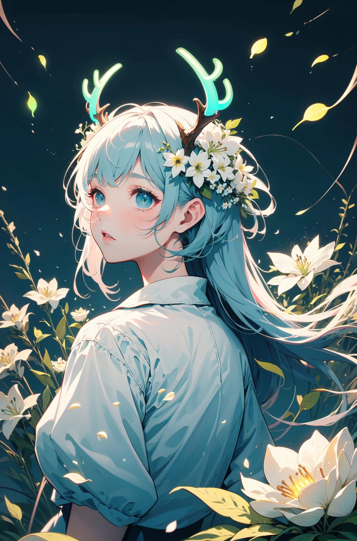 best detailed, (glowing background),high light,illumination,
, masterpiece, best quality, wide-angle Hyperdetailed, masterpiece, 8k, natural lighting, soft lighting, sunlight, HDR (High Dynamic Range), Maximum Clarity And Sharpness, Multi-Layered Textures,
perfect detail reflective surface, freedom,Golden Section, white flowers, (neon indigo glow,neon white glow:1.2), night, dark theme, starry sky,(bioluminescence,luminous plants:1.3), ethereal, truth,
1 girl,release fireflies,Incredibly beautiful starry sky,(Glowing white flower petals blowing in the wind and firefly light spots:1.3) <lora:blooming_antlers:0.8> blooming antlers