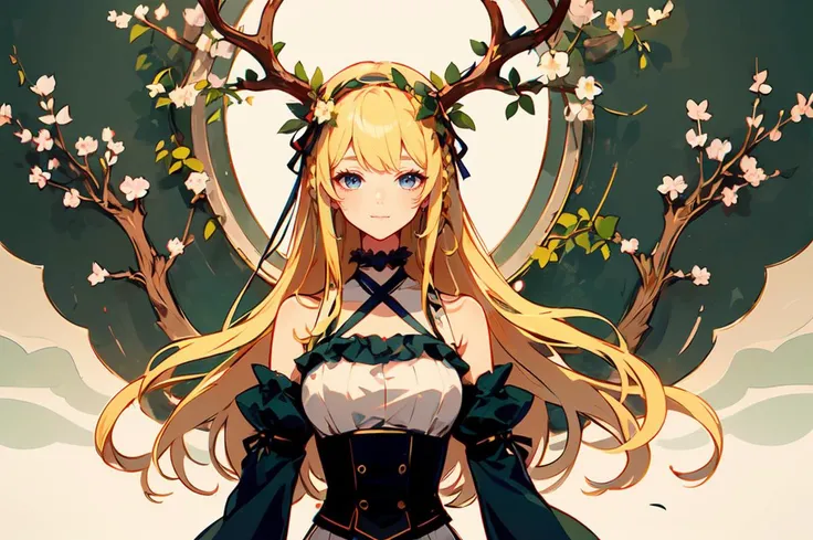 ultra detailed, masterpiece, best quality,
solo, facing viewer, soft smile, light smile, portrait, head tilt, half-closed eyes,
1girl, blue eyes, very long hair, blonde hair, long blonde hair, french braid, bangs, medium breasts,
hair ribbon, frilled choker, criss-cross halter, sleeveless dress, high-waist skirt, backless dress, waist bow, detached sleeves, frilled sleeves, wide sleeves, pantyhose, patterned legwear, mary janes, <lora:blooming_antlers:0.75> blooming antlers, flowers, leaves, vines, ivy,