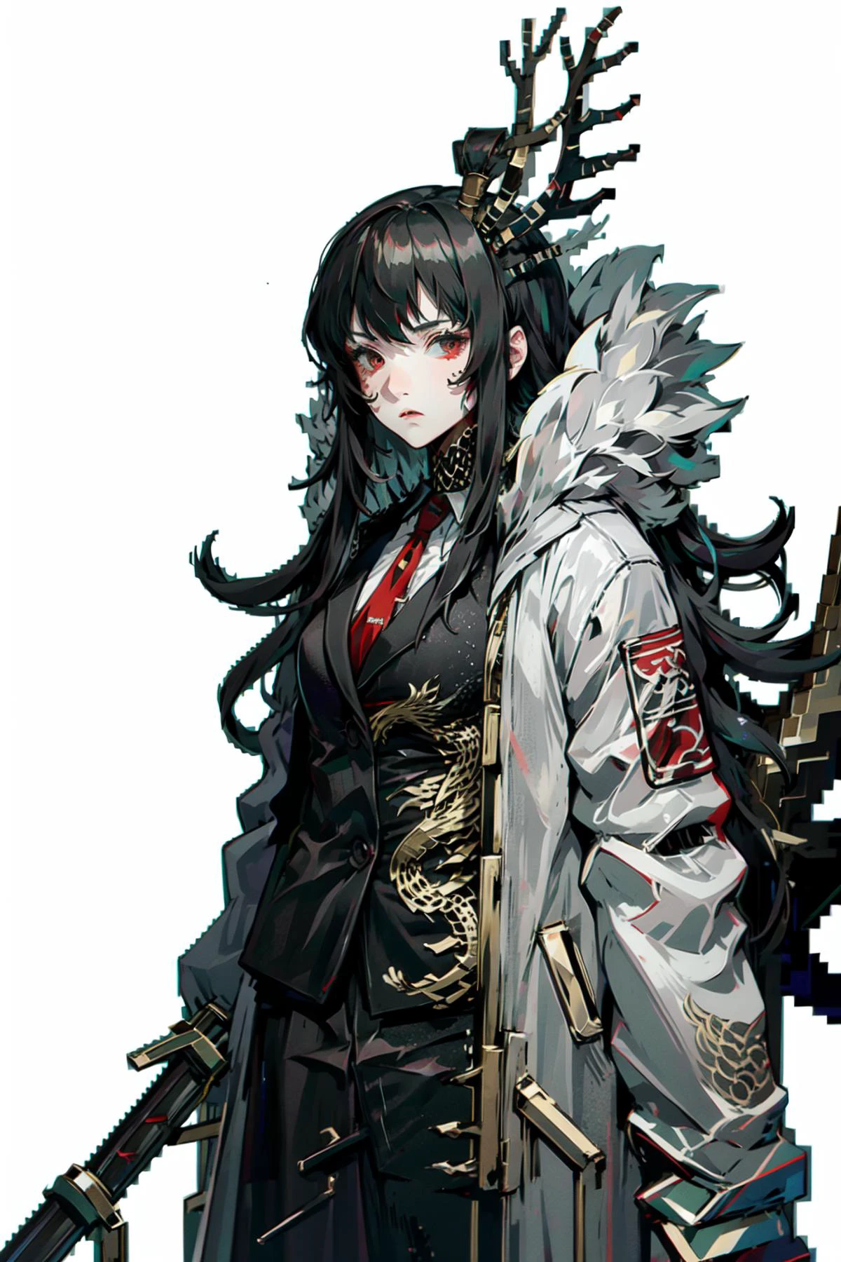 (extremely detailed CG unity 16k wallpaper,chinese dragon theme:1.3),
ultra high res, <lora:xiao-10:0.75>( xiao, 1girl, solo, long hair, black hair,coat,dark dragon tail,sparse black scales,holding a heavy long handle knife:1.3), <lora:blooming_antlers:0.8> deep dark antlers, <lora:SlitPupils:0.2> IncrsSlitPupil,yellow slit pupils eyes,
(nonrepresentational art,vivid color,visual kei,very rough strip:1.3),
style of decadent illustrations,meiji art,
pixelated chaos,lith printing,
<lora:Concept_SwordOverShoulder:0.8> weapon over shoulder, hand on hip