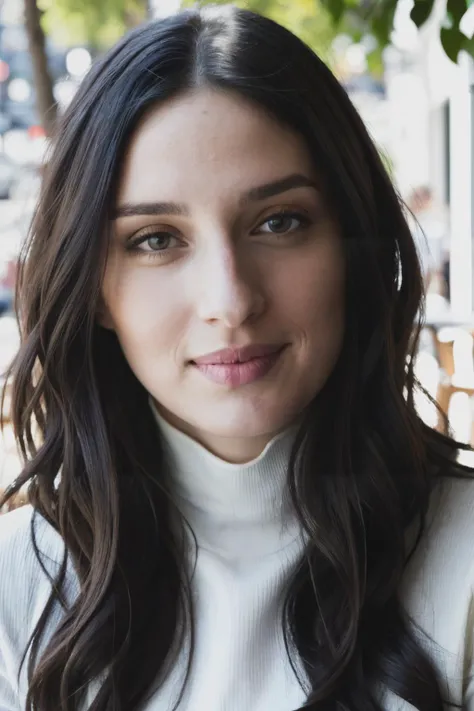mvl piercing eyes, looking straight, very happy,long black hair, wearing an white turtle neck shirt, closeup portrait, in a outdoor cafe in 2015, afternoon light,<lyco:MariaValverde-RealVision-V1.0:1.0>