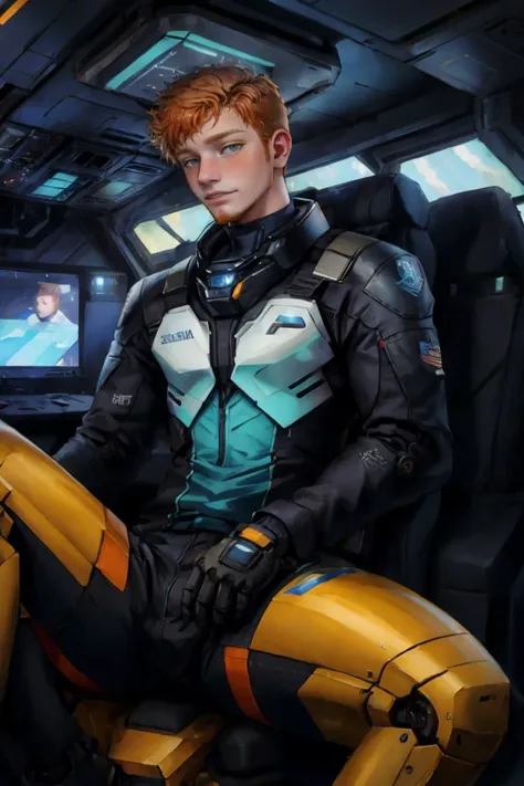 candid photograph, slender dg_Finn <lora:dg_Finn_v1:0.8> 18yo 1boy, ginger facial stubble, , homoerotic, detailed realistic face,  sitting inside a futuristic mech, pilot, hologram projections,