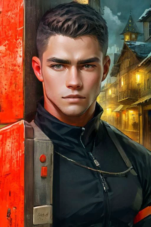 portrait, attractive COMPANIONNIKITA, defined muscles, medieval town, orange black blue, (sad), (atmosphere), coherent, continuity, epic, sharp lines