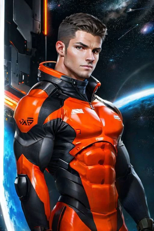 cowboy shot, 1man, an attractive muscular COMPANIONNIKITA, defined muscles, compression suit, space station on background, sci-fi, orange black blue, (dangerous), (atmosphere), coherent, continuity, epic, sharp lines