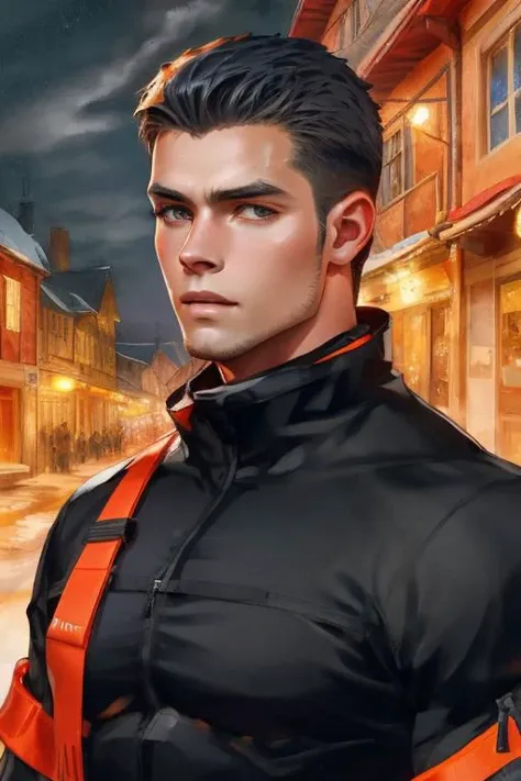 portrait, attractive COMPANIONNIKITA, defined muscles, medieval town, orange black blue, (sad), (atmosphere), coherent, continuity, epic, sharp lines