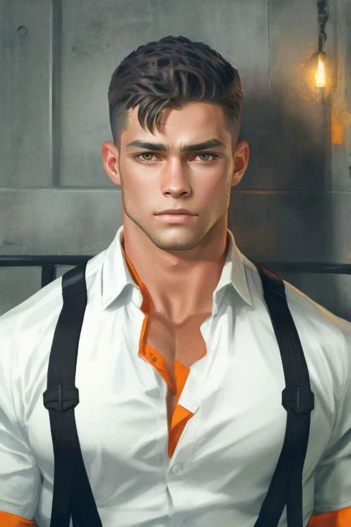 portrait, attractive COMPANIONNIKITA, defined muscles, medieval town, orange black blue, (sad), (atmosphere), coherent, continuity, epic, sharp lines, shirt unbuttoned