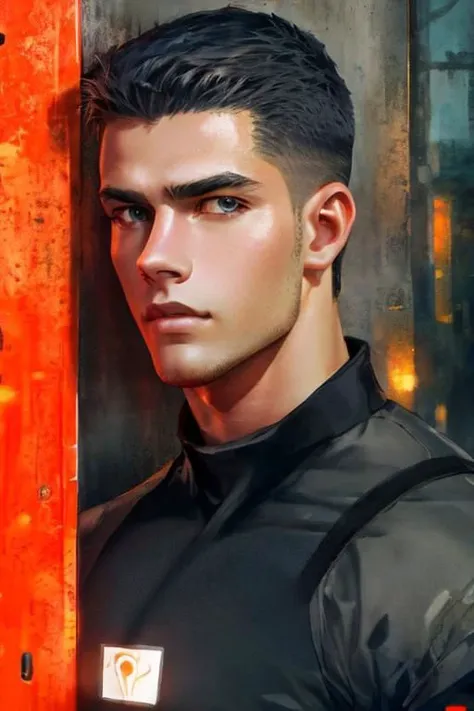 portrait, attractive COMPANIONNIKITA, defined muscles, medieval town, orange black blue, (sad), (atmosphere), coherent, continuity, epic, sharp lines