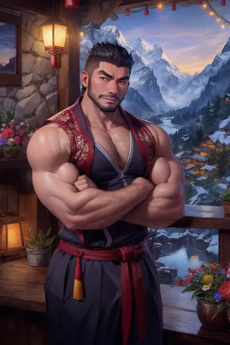 face portrait of a gruff muscular Chinese man wearing stylish clothes in a cozy mountain inn overlooking a valley, manly, athletic, detailed eyes, stubble, arm hair, rule of thirds, flowers and plants, sharp focus, cinematic lighting