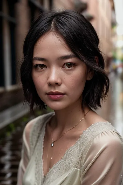 beautiful woman (Ch4rl0tt3N1cd40:.99), perfect hair, bejewelled jewellery, ((portrait)), (closeup:1.2), ((from the waist up)), ((( Rain-soaked cobblestone alley in old town :1.2 ))), natural skin texture, (( Silk top :1.2)), 24mm, 4k textures, soft cinematic light, adobe lightroom, photolab, hdr, intricate, elegant, highly detailed, sharp focus, ((((cinematic look)))), soothing tones, insane details, intricate details, hyperdetailed, low contrast, soft cinematic light, exposure blend, hdr, faded, now, ("I've got a bad feeling about this.":1.1)