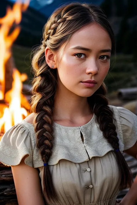 beautiful woman (Ch4rl0tt3N1cd40:.99), (( Herringbone braid :1.2)) , bejewelled jewellery, ((portrait)), (closeup:1.2), ((from the waist up)), ((( A mountain scene with a rustic log cabin and a cozy campfire :1.2 ))), natural skin texture, (( Peplum Top :1.2)), 24mm, 4k textures, soft cinematic light, adobe lightroom, photolab, hdr, intricate, elegant, highly detailed, sharp focus, ((((cinematic look)))), soothing tones, insane details, intricate details, hyperdetailed, low contrast, soft cinematic light, exposure blend, hdr, faded, now, ("I've got a bad feeling about this.":1.1)