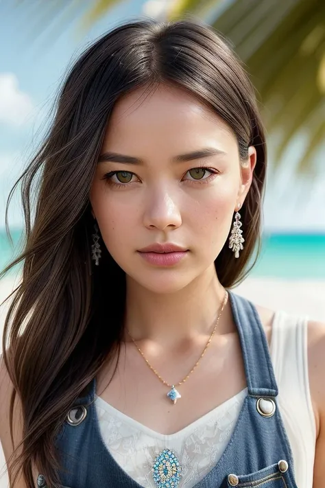 beautiful woman (Ch4rl0tt3N1cd40:.99), perfect hair, bejewelled jewellery, ((portrait)), (closeup:1.2), ((from the waist up)), ((( A sun-drenched beach, with white sands and crystal clear waters, framed by modern beachfront properties :1.2 ))), natural skin texture, (( Overalls and tank top :1.2)), 24mm, 4k textures, soft cinematic light, adobe lightroom, photolab, hdr, intricate, elegant, highly detailed, sharp focus, ((((cinematic look)))), soothing tones, insane details, intricate details, hyperdetailed, low contrast, soft cinematic light, exposure blend, hdr, faded, now, ("I've got a bad feeling about this.":1.1)