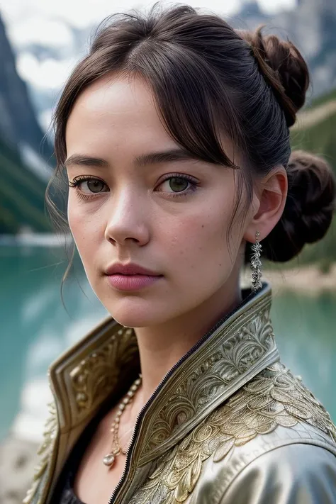beautiful woman (Ch4rl0tt3N1cd40:.99), (( Loose, textured bun :1.2)) , bejewelled jewellery, ((portrait)), (closeup:1.2), ((from the waist up)), ((( A mountain scene with a clear, still lake reflecting the towering peaks :1.2 ))), natural skin texture, (( Bolero Jacket :1.2)), 24mm, 4k textures, soft cinematic light, adobe lightroom, photolab, hdr, intricate, elegant, highly detailed, sharp focus, ((((cinematic look)))), soothing tones, insane details, intricate details, hyperdetailed, low contrast, soft cinematic light, exposure blend, hdr, faded, now, ("I've got a bad feeling about this.":1.1)