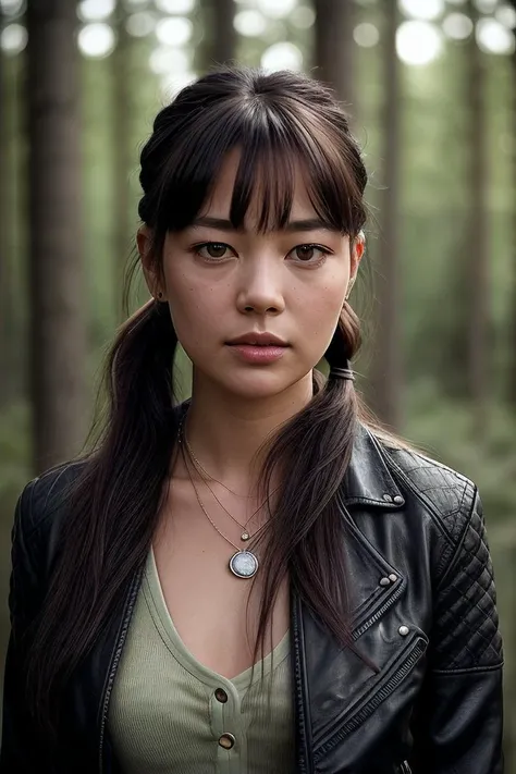 beautiful woman (Ch4rl0tt3N1cd40:.99), (( Casual, relaxed ponytail :1.2)) , bejewelled jewellery, ((portrait)), (closeup:1.2), ((from the waist up)), ((( A forest scene with a stone circle hidden amongst the trees :1.2 ))), natural skin texture, (( Leather Jacket :1.2)), 24mm, 4k textures, soft cinematic light, adobe lightroom, photolab, hdr, intricate, elegant, highly detailed, sharp focus, ((((cinematic look)))), soothing tones, insane details, intricate details, hyperdetailed, low contrast, soft cinematic light, exposure blend, hdr, faded, now, ("I've got a bad feeling about this.":1.1)