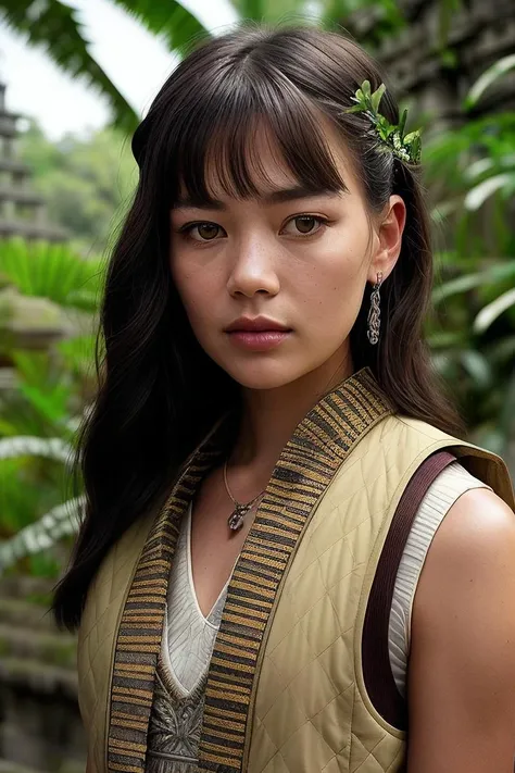 beautiful woman (Ch4rl0tt3N1cd40:.99), perfect hair, bejewelled jewellery, ((portrait)), (closeup:1.2), ((from the waist up)), (((  Ancient Aztec temple ruins with stone carvings and lush jungle :1.2 ))), natural skin texture,  (( Vest :1.2)), 24mm, 4k textures, soft cinematic light, adobe lightroom, photolab, hdr, intricate, elegant, highly detailed, sharp focus, ((((cinematic look)))), soothing tones, insane details, intricate details, hyperdetailed, low contrast, soft cinematic light, exposure blend, hdr, faded, now, ("I've got a bad feeling about this.":1.1)