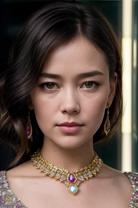 beautiful woman (Ch4rl0tt3N1cd40:.99), perfect hair, bejewelled jewellery, ((portrait)), (closeup:1.2), ((from the waist up)), ((( Vintage jewelry store with glass display cases and sparkling gems :1.2 ))), natural skin texture, (( Peplum top :1.2)), 24mm, 4k textures, soft cinematic light, adobe lightroom, photolab, hdr, intricate, elegant, highly detailed, sharp focus, ((((cinematic look)))), soothing tones, insane details, intricate details, hyperdetailed, low contrast, soft cinematic light, exposure blend, hdr, faded, now, ("I've got a bad feeling about this.":1.1)