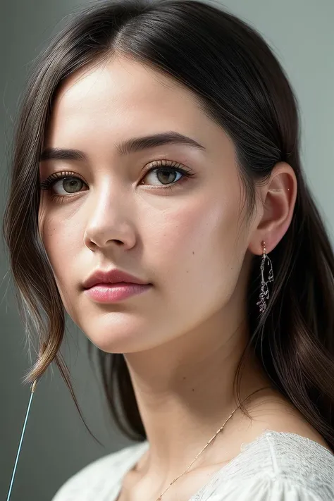 beautiful woman (Ch4rl0tt3N1cd40:.99), perfect hair, bejewelled jewellery, ((portrait)), (closeup:1.2), ((from the waist up)), ((( A contemporary, minimalist painting studio, filled with easels, paintbrushes, and a serene, creative atmosphere :1.2 ))), natural skin texture, (( Balloon sleeve blouse and straight-leg jeans :1.2)), 24mm, 4k textures, soft cinematic light, adobe lightroom, photolab, hdr, intricate, elegant, highly detailed, sharp focus, ((((cinematic look)))), soothing tones, insane details, intricate details, hyperdetailed, low contrast, soft cinematic light, exposure blend, hdr, faded, now, ("I've got a bad feeling about this.":1.1)