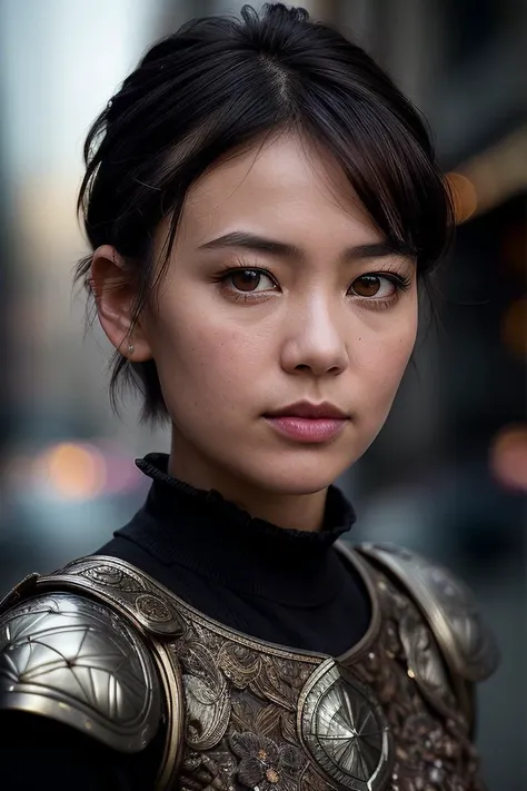 beautiful woman (Ch4rl0tt3N1cd40:.99), (( Short sleek dark brown pixie hairstyle :1.2)) , bejewelled jewellery, ((portrait)), (closeup:1.2), ((from the waist up)), (((  The City of Glas :1.2 ))), natural skin texture,  (( <lora:Armor:0.9:TT>oriental armor :1.2)), 24mm, 4k textures, soft cinematic light, adobe lightroom, photolab, hdr, intricate, elegant, highly detailed, sharp focus, ((((cinematic look)))), soothing tones, insane details, intricate details, hyperdetailed, low contrast, soft cinematic light, exposure blend, hdr, faded, now, ("I've got a bad feeling about this.":1.1)