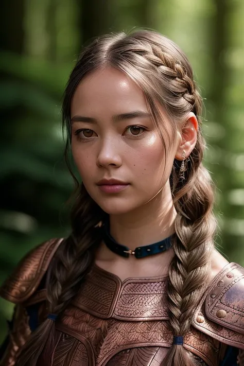 beautiful woman (Ch4rl0tt3N1cd40:.99), (( Copper red side braid hairstyle :1.2)) , bejewelled jewellery, ((portrait)), (closeup:1.2), ((from the waist up)), (((  The Enchanted Forest :1.2 ))), natural skin texture,  (( <lora:Armor:0.9:TT>armor, decorated armor :1.2)), 24mm, 4k textures, soft cinematic light, adobe lightroom, photolab, hdr, intricate, elegant, highly detailed, sharp focus, ((((cinematic look)))), soothing tones, insane details, intricate details, hyperdetailed, low contrast, soft cinematic light, exposure blend, hdr, faded, now, ("I've got a bad feeling about this.":1.1)