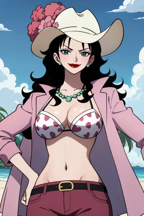 masterpiece, best quality, alvida_onepiece, 1girl, solo, long hair, black hair, green eyes, breasts, large breasts, smile, evil smile, white hat, hat flower, necklace, lipstick, purple jacket, open jacket, bikini top, polka dot bikini, belt, pink pants, outdoors, beach