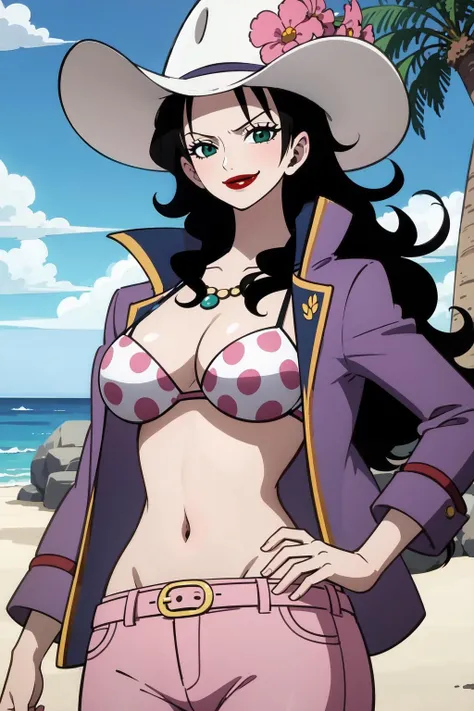 masterpiece, best quality, alvida_onepiece, 1girl, solo, long hair, black hair, green eyes, breasts, large breasts, smile, evil smile, white hat, hat flower, necklace, lipstick, purple jacket, open jacket, bikini top, polka dot bikini, belt, pink pants, outdoors, beach
