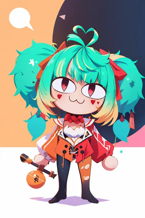 (masterpiece, best quality:1.2), chibi, solo, 1girl, conidef, :3, twintails, heart ahoge, facial mark, hair bow, slit pupils, jacket, long sleeves, pantyhose, torn pantyhose <lora:necoarc:1> <lora:spconiConfetti:1>