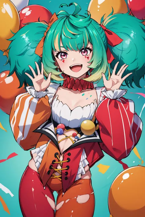 ((Masterpiece)), ((Best Quality)), ((Best Quality)), (Illustration of one girl), Emerald Green Long Hair, (((Tall)), (White Skin), Red Eyes, Blue Eyeliner, (Makeup with a heart symbol around the left eye), ((Clown's clothes, flashy clothes of different colors on the left and right)), (Clown's Hat)), (Circus, Ball Ride)